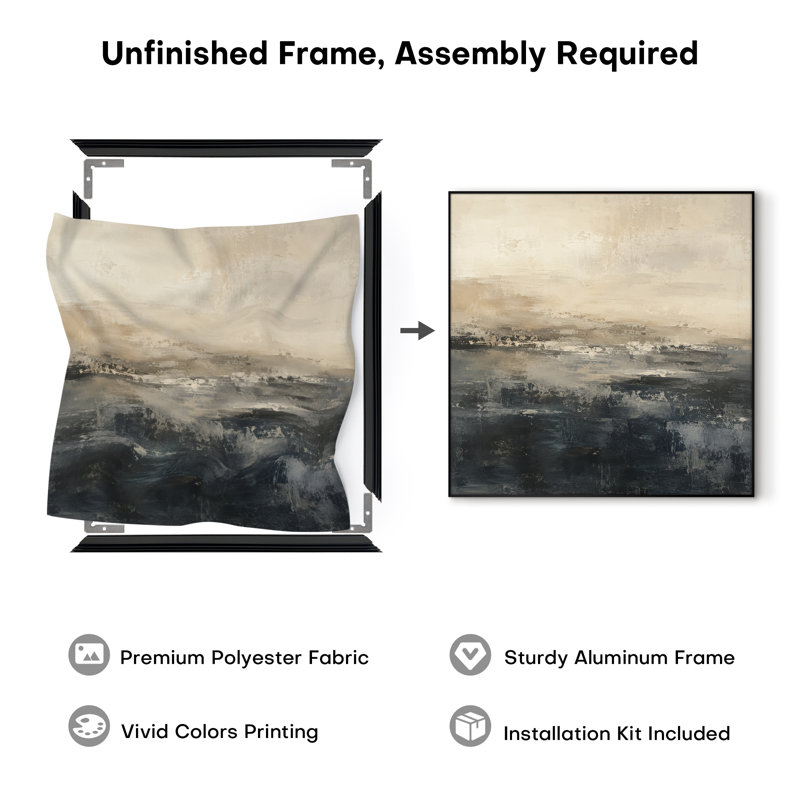 Impression sur tissu grand format - Motif abstrait horizon superposé beige, gris et anthracite pour salon ou chambre - « Assemblage du cadre requis (cadre non fini) »