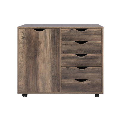 5-Drawer Office File Cabinet with Wheels and 2 Shelves, Under Desk Locking Wood Storage Organizer on Casters for Home Office, Mobile Filing Unit for Documents & Supplies