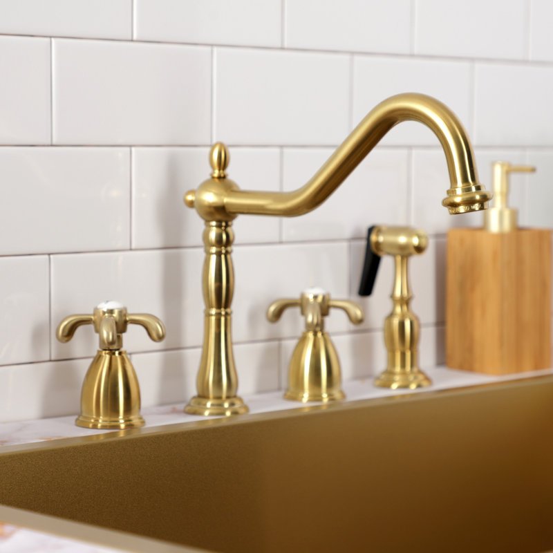 Kingston Brass French Country Double-Handle 4-Hole Widespread Kitchen Faucet with Brass Sprayer, Brushed Brass