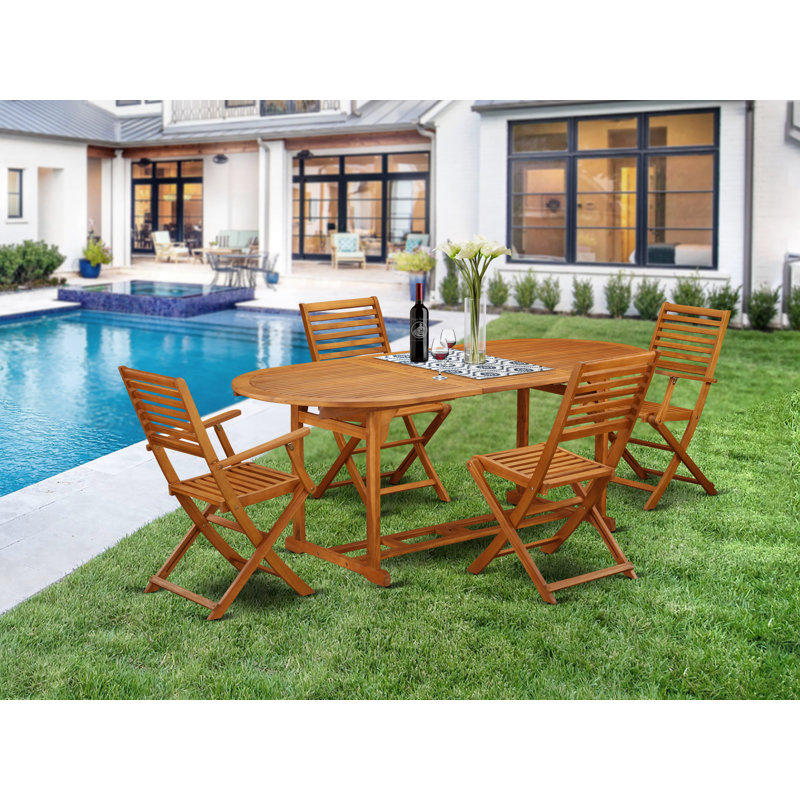 Ensemble repas 5 pièces pour patio comprenant une table ovale d'extérieur en bois d'acacia et 2 chaises à accoudoirs pliables avec 2 chaises d'appoint, 36 po x 78 po, huile naturelle