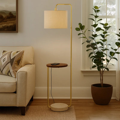Myle Floor Lamp, Round Shelf, USB Port, 67 Inch, Gold Metal Frame