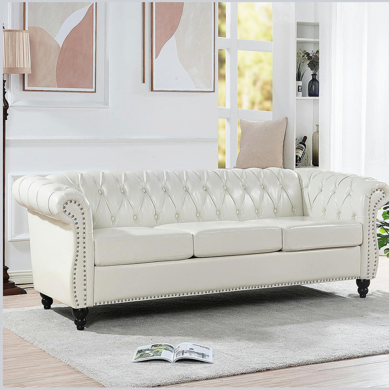 Canapé Chesterfield à accoudoirs roulés 3 places 84,65 po, Blanc