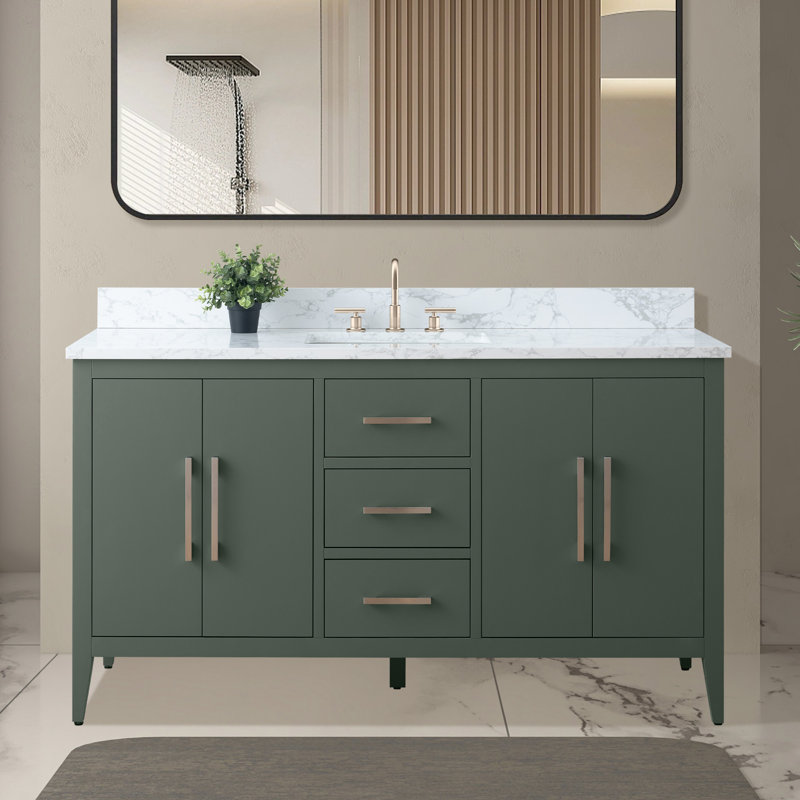 60'' Single Bathroom Vanity with Engineered Marble Top, Brushed Nickel, Vintage Green