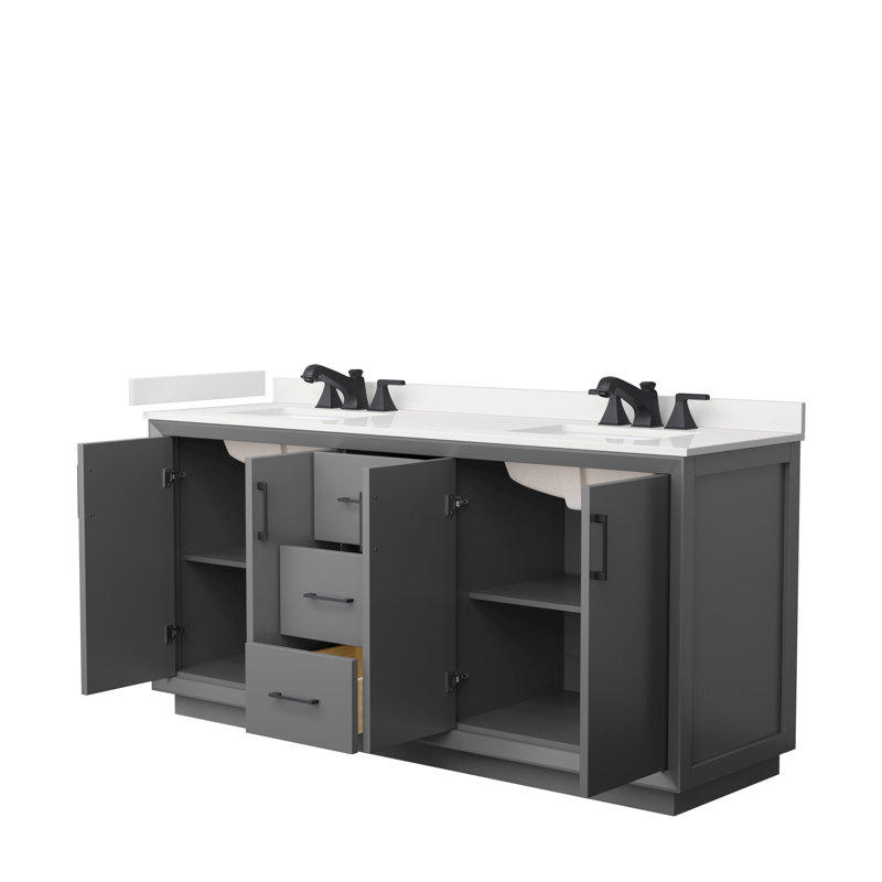 Meuble-lavabo double avec plateau Strada 72, Gris foncé, Quartz blanc, Noir mat