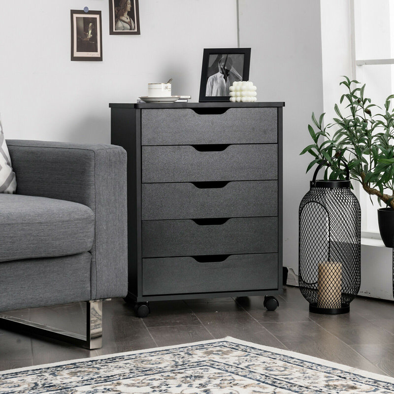 Black MDF 5-Drawer Mobile Storage Cabinet with Wheels