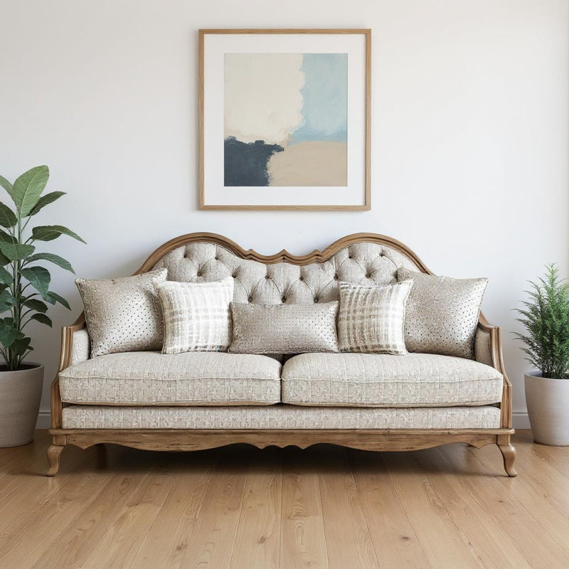 Canapé en bois massif de 86 pouces, recouvert de tissu brun et beige, avec coussins décoratifs