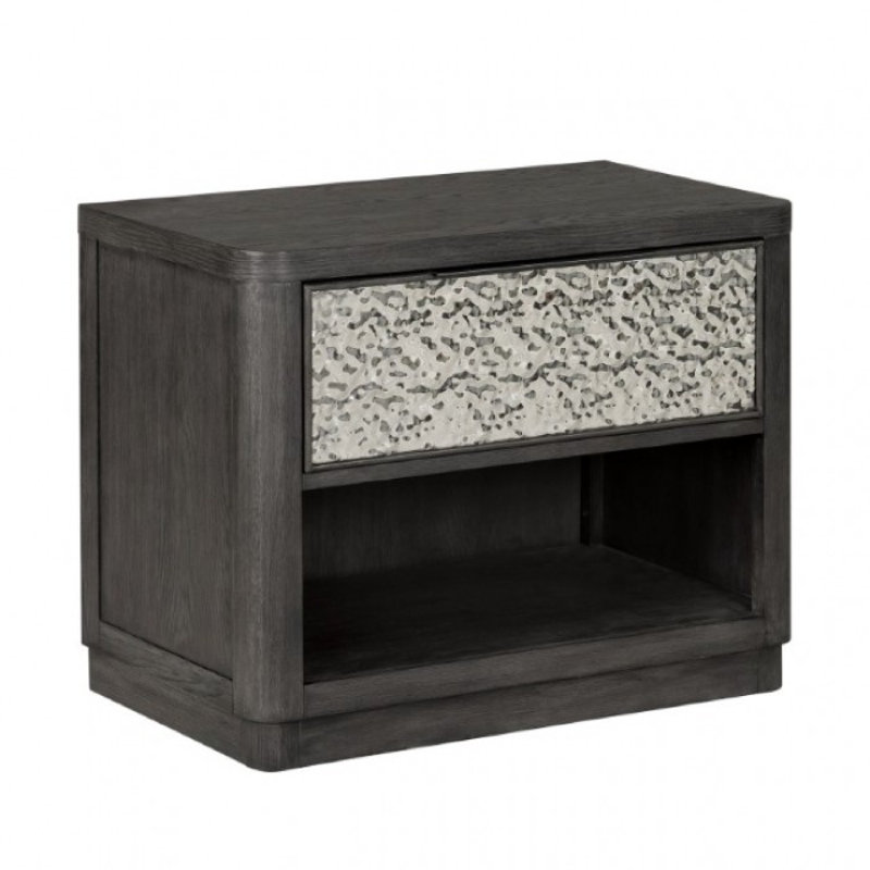 Table de chevet Zoko avec 2 ports USB, accents métalliques, bois de frêne gris