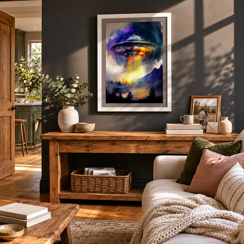 UFO In Moonlight Fantasy & Sci-Fi - Print, A2 - 59.4 x 42.0 cm, White