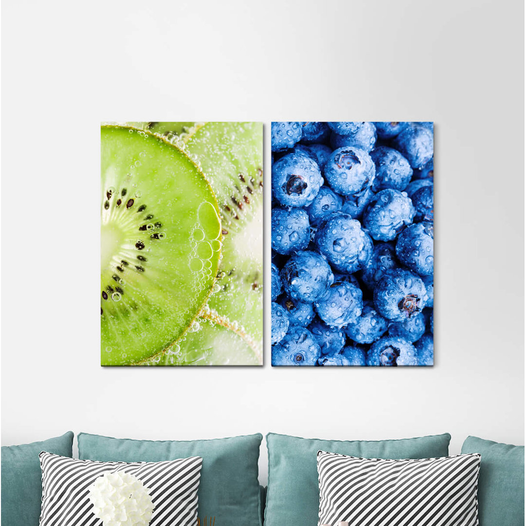 2-tlg. Leinwandbilder-Set - Fotografie „Kiwi Blueberries Fruits Fresh Healthy Vegan Kitchen”