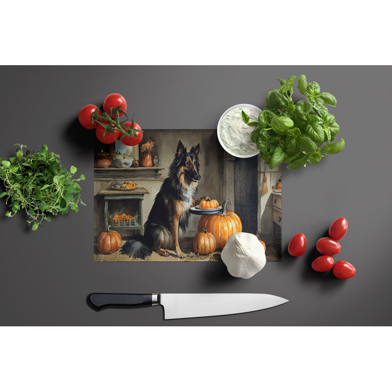 Belgian Tervuren Fall Kitchen Pumpkins Glass Cutting Board Large