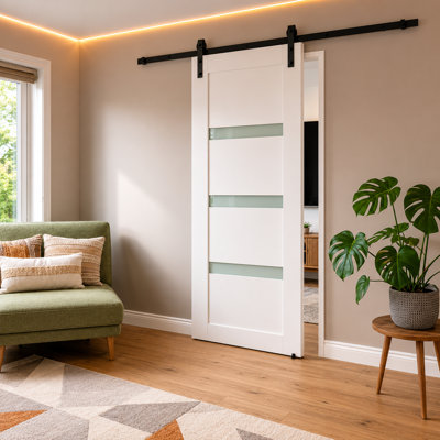 S&Z TOPHAND® 42in x 84in Glass Sliding MDF Barn Door with 8FT Hardware Kit, 3 Tempered Frosted Glass, Slab Door Covered with Water-Proof PVC Surface