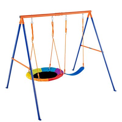 5-in-1 Kids Swing Set with Saucer Swing, Belt Swing, Basketball Hoop & Soccer Goal, Heavy Duty Metal Frame Backyard Playground for Toddlers & Kids Ages 3-10