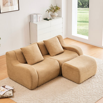 2 épaisseurs en forme de L en tissu brun clair, conception épurée et ergonomique, éponge haute densité 32d, accoudoir courbé, sans assemblage, base antidérapante pour les espaces de vie de la chambre avec accoudoirs