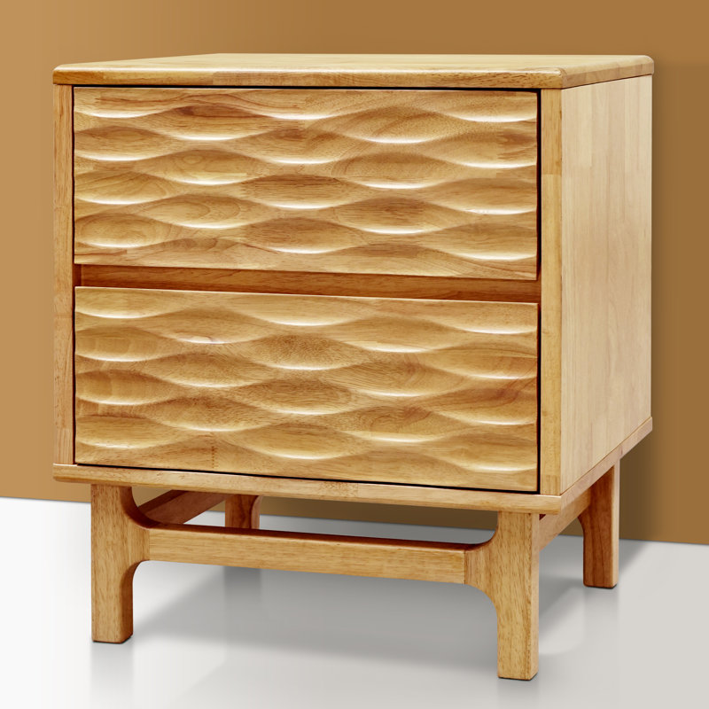 Elara Solid Wood 2-Drawer Nightstand with Carved Wood Grain – Mid-Century Modern Bedside Table for Bedroom or Living Room, 5 Years Warranty