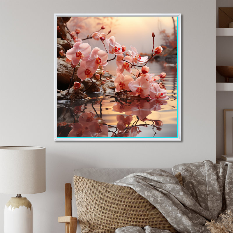 Orchidées dans des teintes d'améthyste poussent le long de l'eau sur toile, Cadre flottant blanc, H 30 po x l 30 po x P 1 po