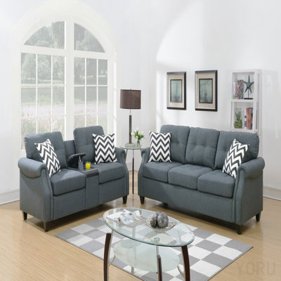 2pcs Sofa Set Living Room Furniture Blue Gray Plush Polyfiber Sofa Loveseat W Console Pillows Couch