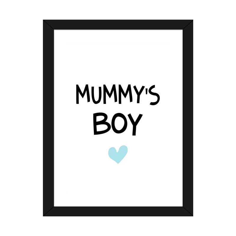 «Mummys Boy», reproduction d'art textuel, H 32 po x l 24 po x P 1 po, Papier encadré noir, Blanc