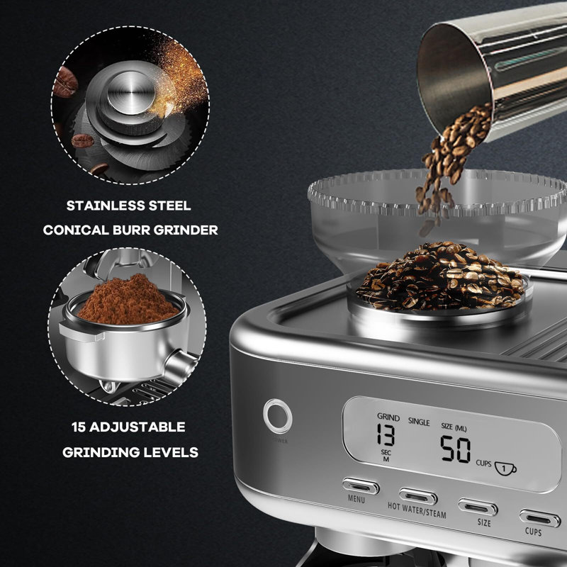 Espresso Machine 15 Bar, LCD Display Espresso Maker with Grinder, Milk Frother and PID Temperature Control, Professional Coffee Maker for Latte Cappuccino - 8.8 Oz Bean Hopper