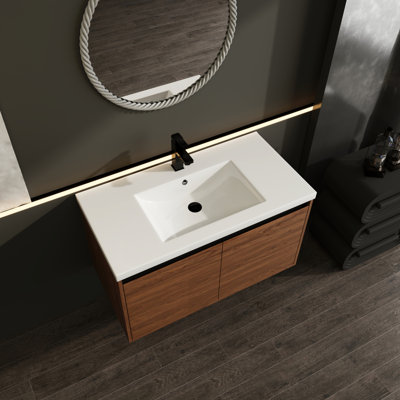 Armoire de salle de bain 36 po, brun avec lavabo en résine - bois d'ingénierie, surface de travail pour meuble-lavabo de 36 po à surface grattée, évier de comptoir, armoire à 2 portes, garde la durabilité et l'élégance intacte, pour divers