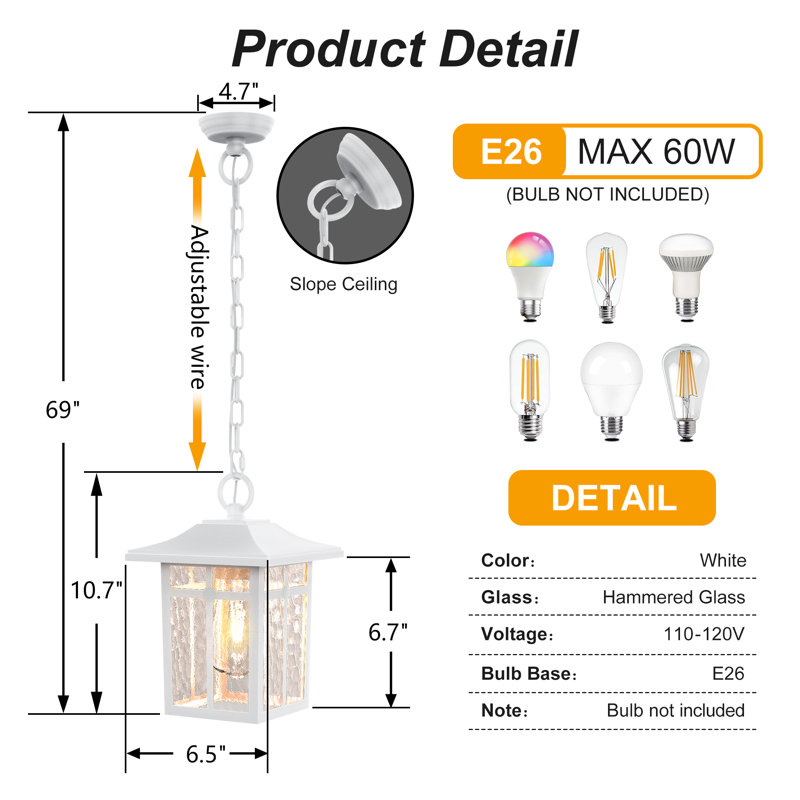1- Light 10.7''H White Aluminum Hammered Glass Adjustable ETL Outdoor Hanging Lantern, White