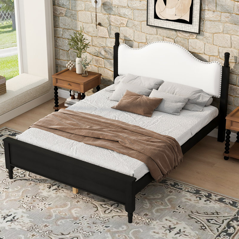 Lit plateforme en bois avec tête de lit tapissier et lattes, Queen, Noir blanc