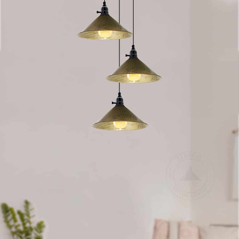 3-Light Cone Pendant Light – Industrial Kitchen Island Ceiling Fixture with Adjustable Height & E27 Bulbs, Yes, Brushed Brass