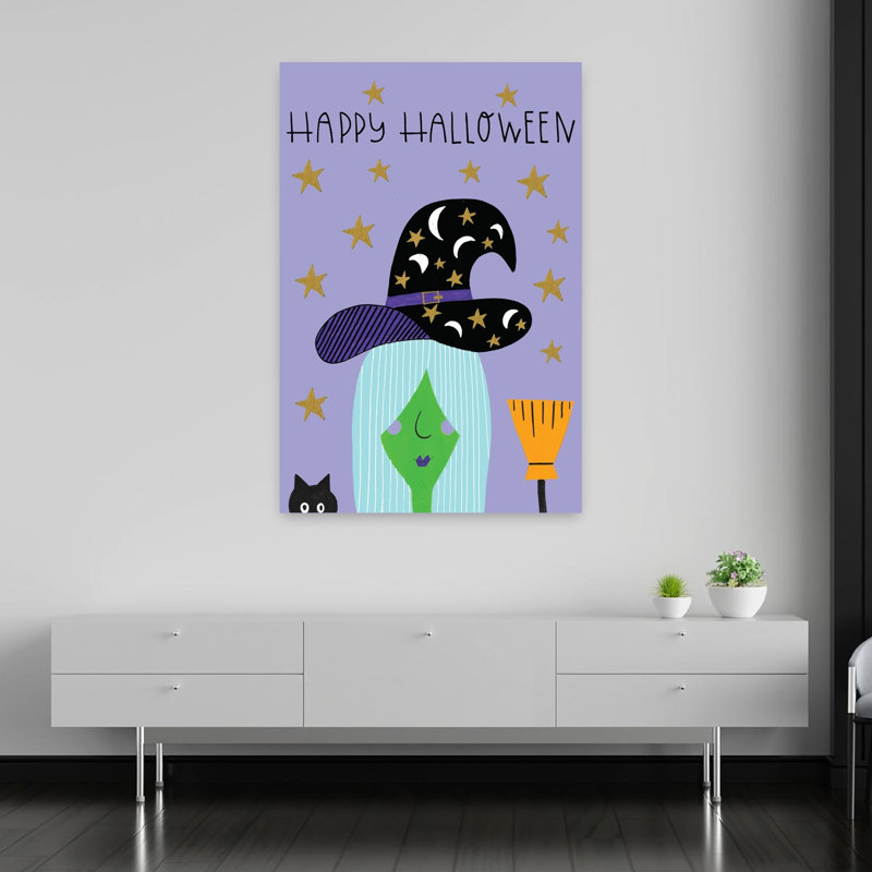 Affiche murale abstraite et fantaisiste représentant un chat dans un paysage naturel, avec une sorcière espiègle, pour l'Halloween