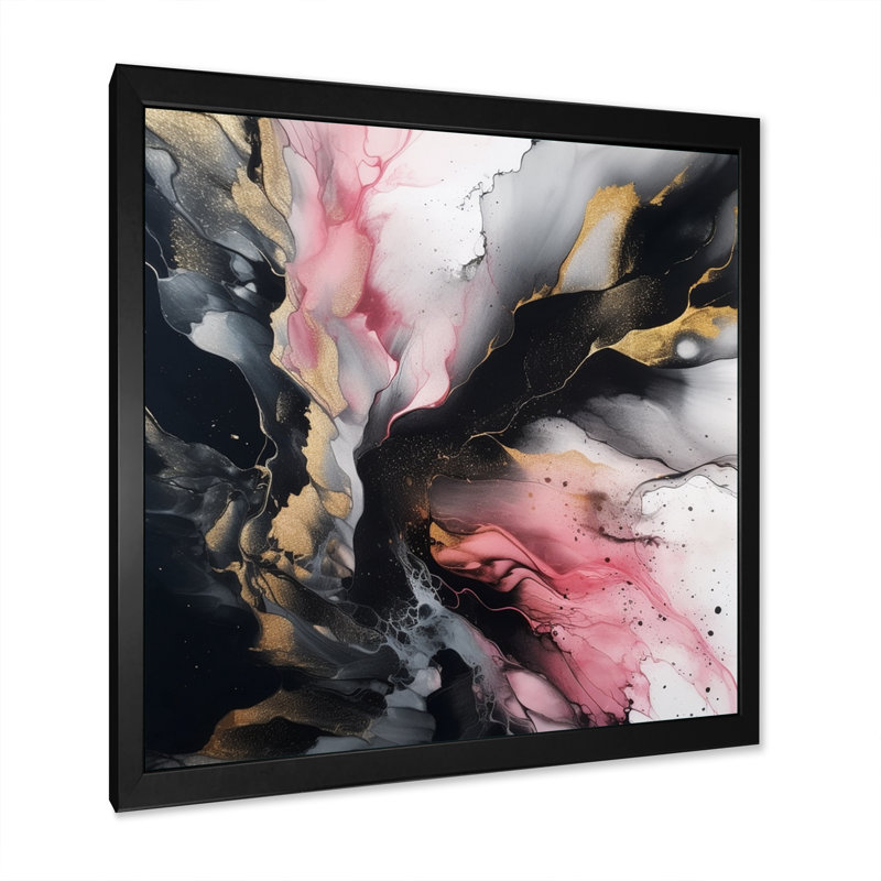 «Black Gold Marble Splash III», reproductions d'art mural en marbre abstrait, Impression noire sur toile encadrée
