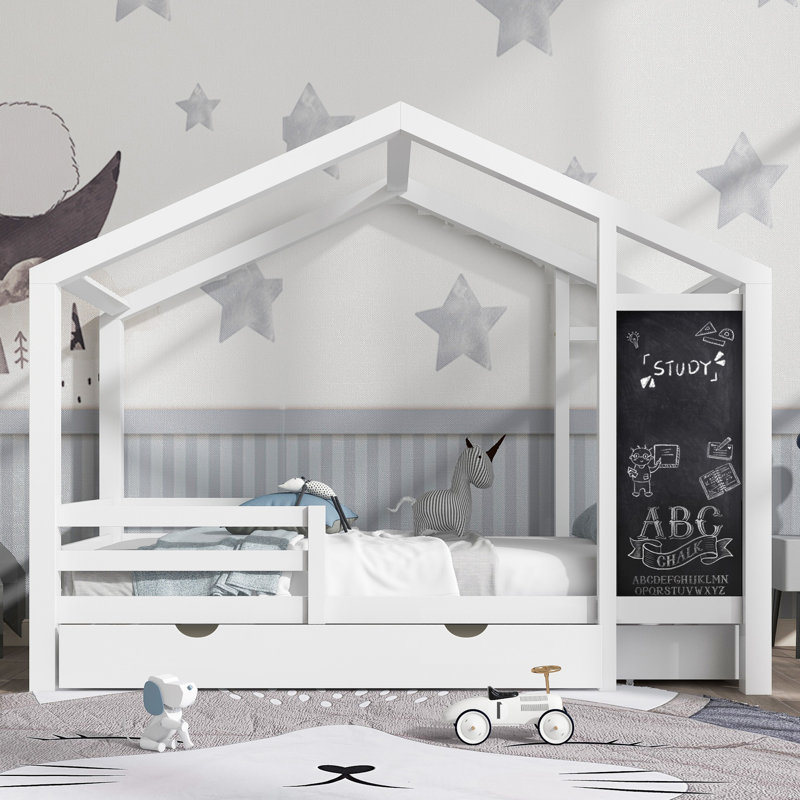 Lit simple avec tableau noir et tiroirs, deux options d'assemblage, blanc