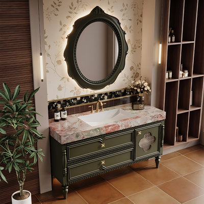 Meuble-lavabo vintage sur pied en bois d'hévéa avec comptoir en pierre frittée (blanc veiné de rouge et de vert) et miroir intelligent