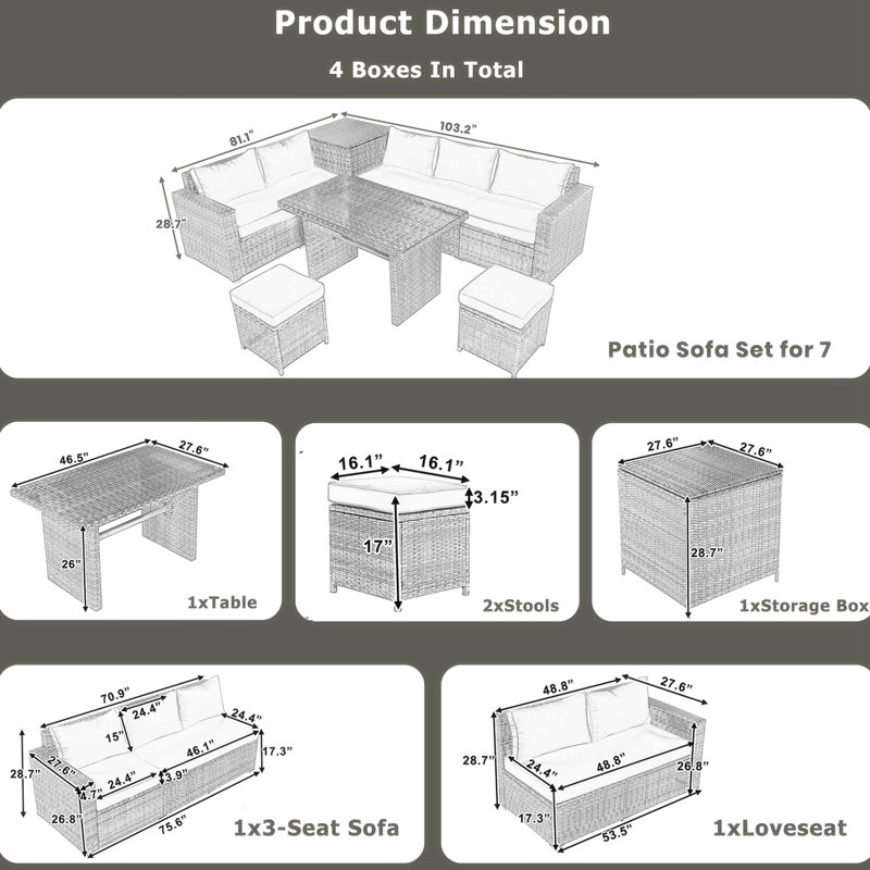 Ensemble de canapé modulaire d'extérieur en rotin de polyéthylène pour l'extérieur avec siège réglable 6 pièces, Gris