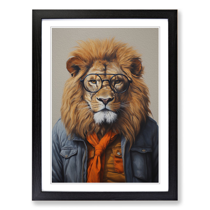 Lion with Glasses Painting - Framed Print, 34cm H x 25cm W x 2cm D, Black Framed