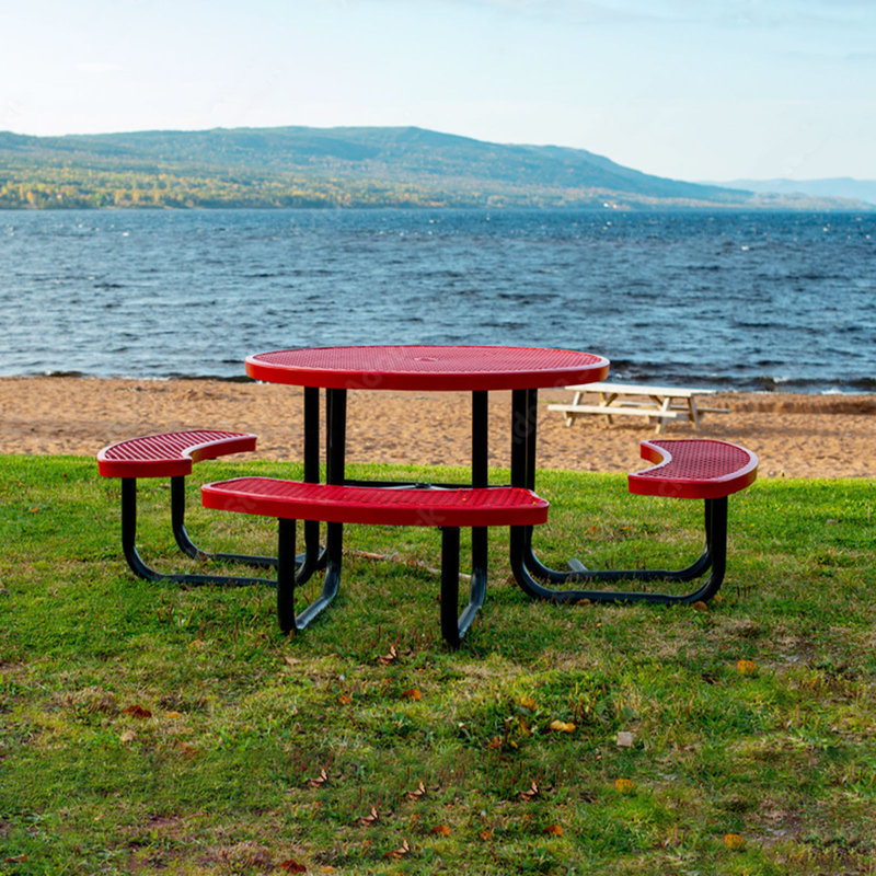 Ensemble de table ronde et de chaises rondes en acier noir et rouge avec trou pour parasol