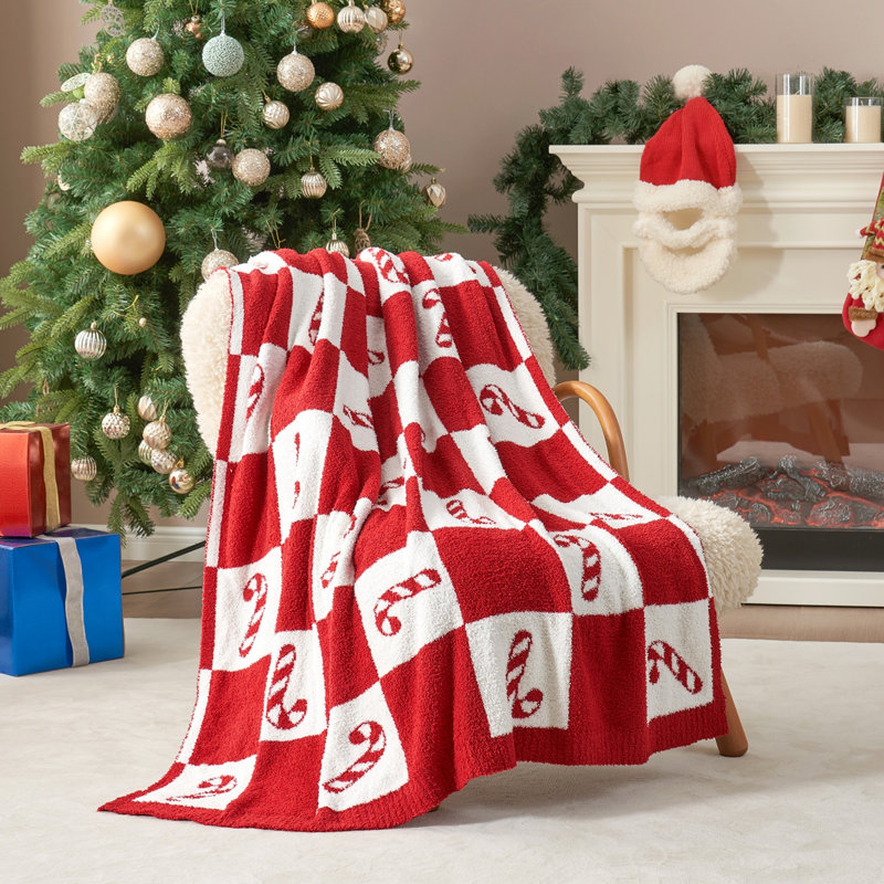 Jeté de Noël tricoté pour Noël, Canne à sucre rouge à carreaux