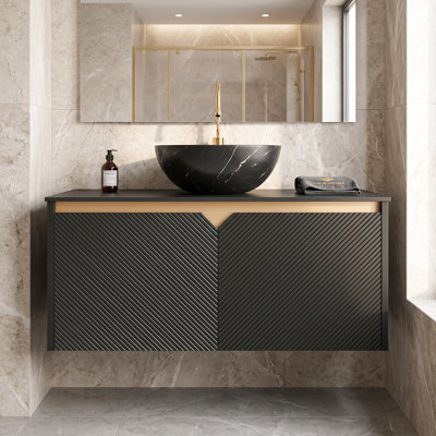 Meuble-lavabo mural 24 po en contreplaqué avec lavabo en céramique et portes doubles en sergé et armoire de rangement noir