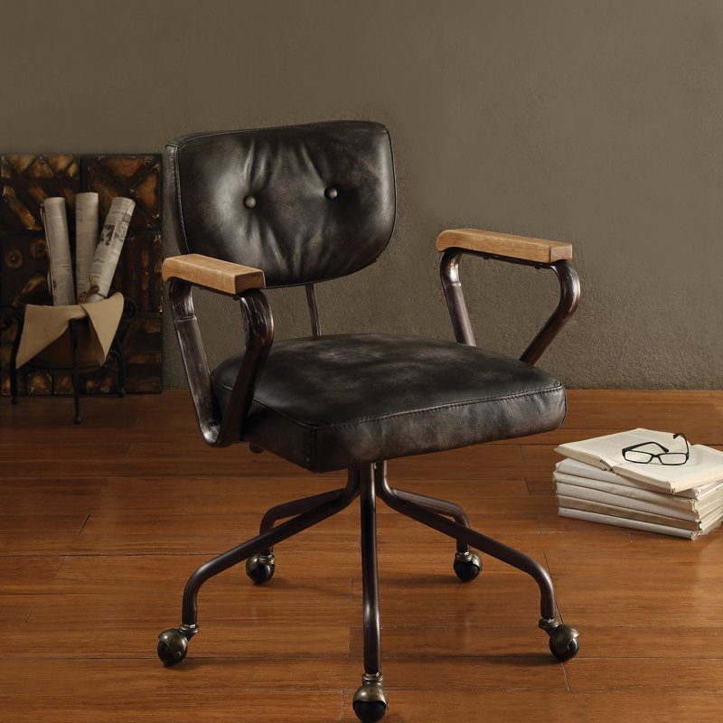 Confortable fauteuil de bureau pivotant de style rétro - cuir noir, garniture cloutée, 5 sièges