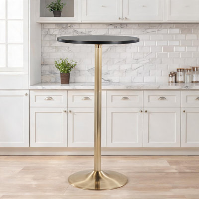 Table de bar et de salle à manger réglable avec plateau en bois noir classique et base en métal doré pour deux personnes, ronde de 27 po, hauteur de 30 à 42 po