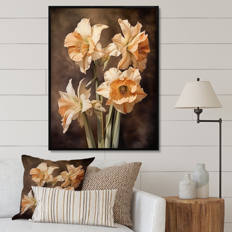 «Brown Green Daffodils Natures Impression», reproduction sur toile, Cadre flottant noir, H 44 po x l 34 po x P 1,5 po
