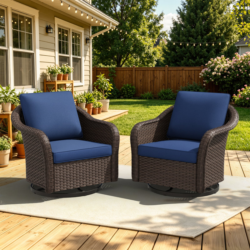 Chaises pivotantes à 360°, ensemble de patio extérieur en résine tressée PE avec coussins bleus de 10 cm (ensemble de 2)