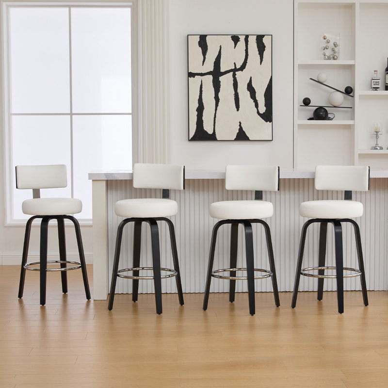 Tabouret pivotant rembourré avec dossier en forme de T, Tabouret de comptoir (siège d'une hauteur de 26 p, Blanc, 3
