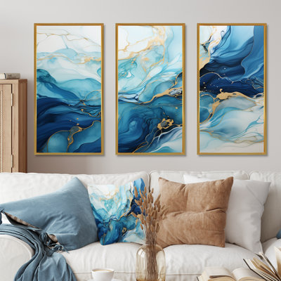 Liquide bleu et or tempête océanique - formes abstraites, ensemble d'art mural