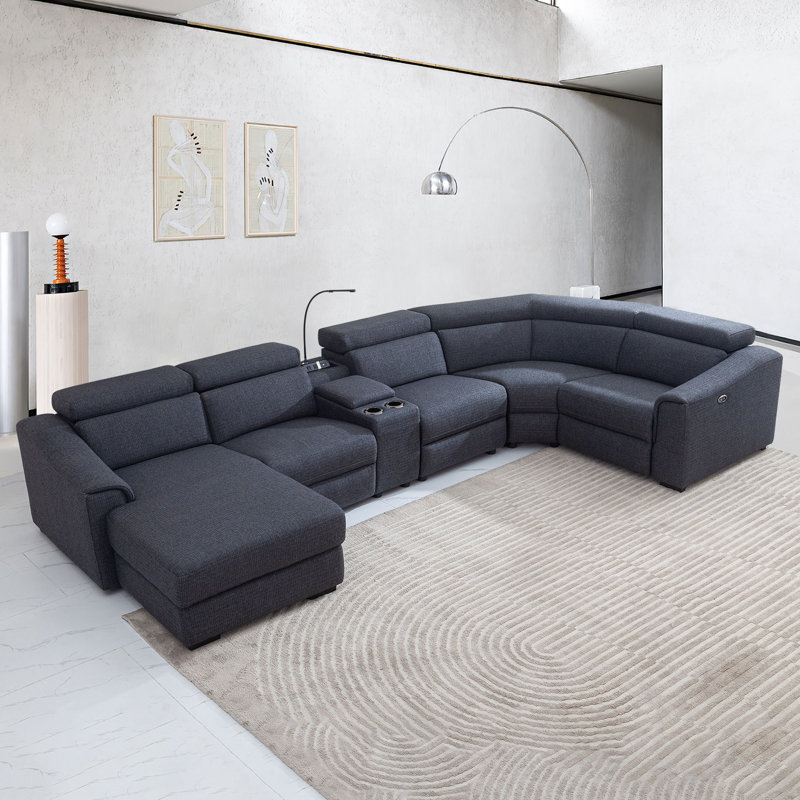 6PCS MODERN RECLINING SECTIONAL WITH ADJUSTABLE HEADREST, Carbon Polyster Blend, Left Hand Facing