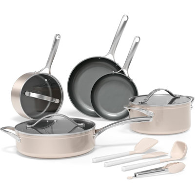 Bakken 12-piece Aluminum Cookware Set With Ceramic Nonstick Coating, Ptfe & Pfas Free, All Stovetop Safe Up To 500°f, Pots And Pans Set With Lids, Silicone Utensils Included, Dishwasher Safe, Cream