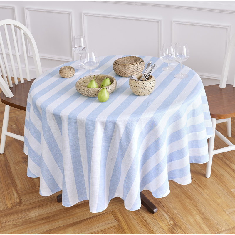Cabana Stripe - 100% Pure Linen Round Tablecloth, 60" Round, Sky Blue and White