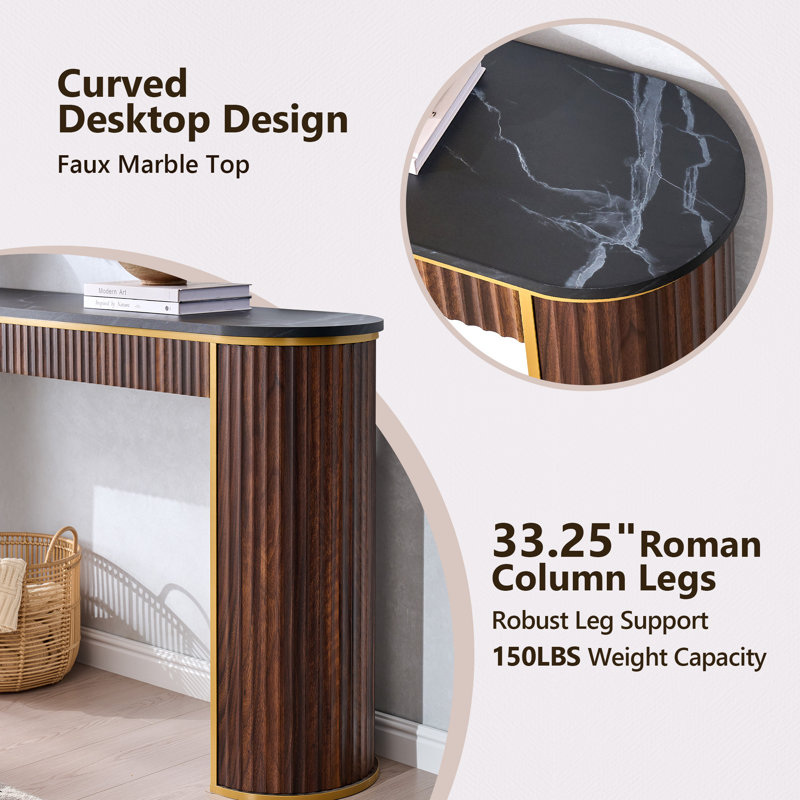 63" Modern Fluted Console Table, Narrow Entryway & Sofa Table With Marble-Pattern Top For Living Room Hallway Foyer, Black