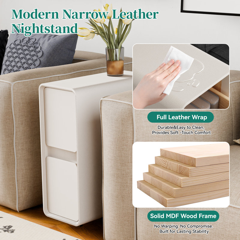 7.8" Wide Fully-Assembled Faux Leather Narrow Nightstand, White, Individual