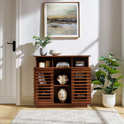 Buffet 36,1 po avec rangement, buffet en treillis de ferme avec portes coulissantes et tablette ajustable, meuble télé, meuble de rangement pour le vestibule du salon, noyer