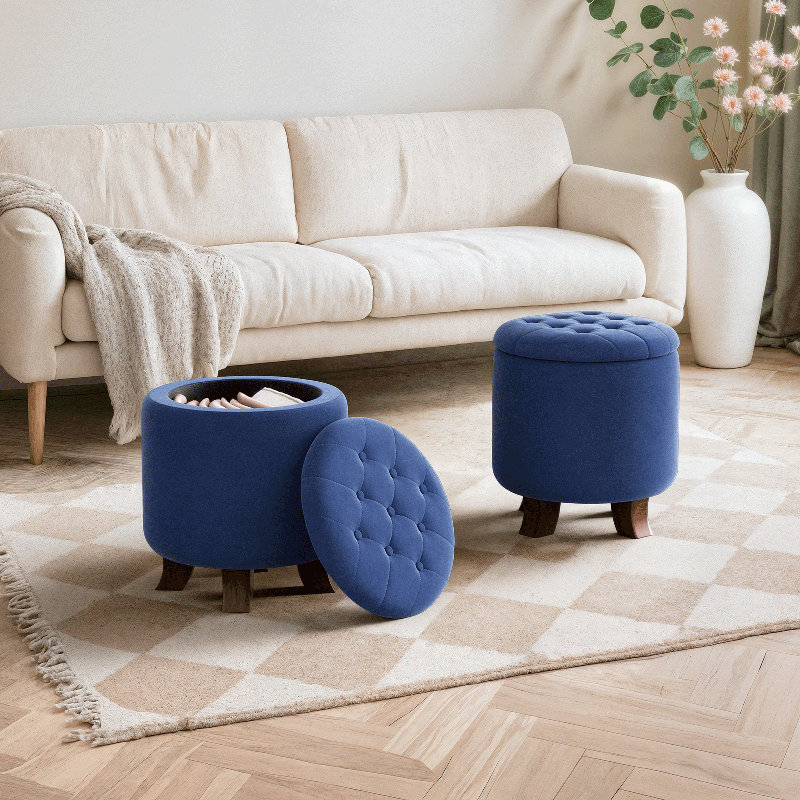 Upholstered Storage Ottoman Bench Button Tufted Round Ottoman Footrest Stool for Living Room Bedroom, Navy