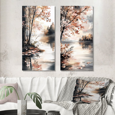 Spring Lakeside Reflection - River Forest Canvas Print Wall Art Set of 2