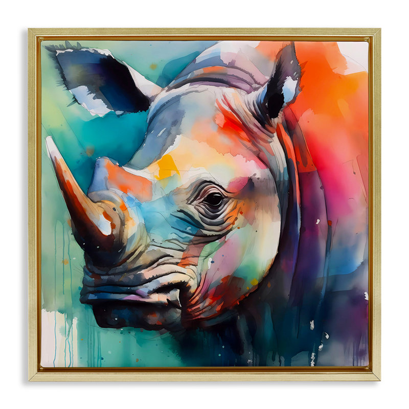 «Rhino with Modern Hues», art mural encadré sur toile flottante par Walker Noble, Cadre flottant métallique doré